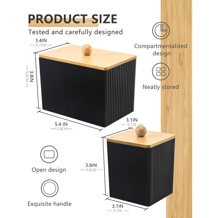 Диспенсер для ватних дисків та паличок з бамбуковим кришкою, органайзер для ватних виробів, чорний, для ванної кімнати
