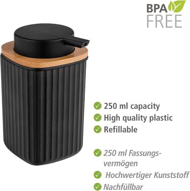 Дозатор для мила WENKO Rotello, 250 мл, з бамбуковими деталями, для мила та засобів для миття посуду, чорний/натуральний