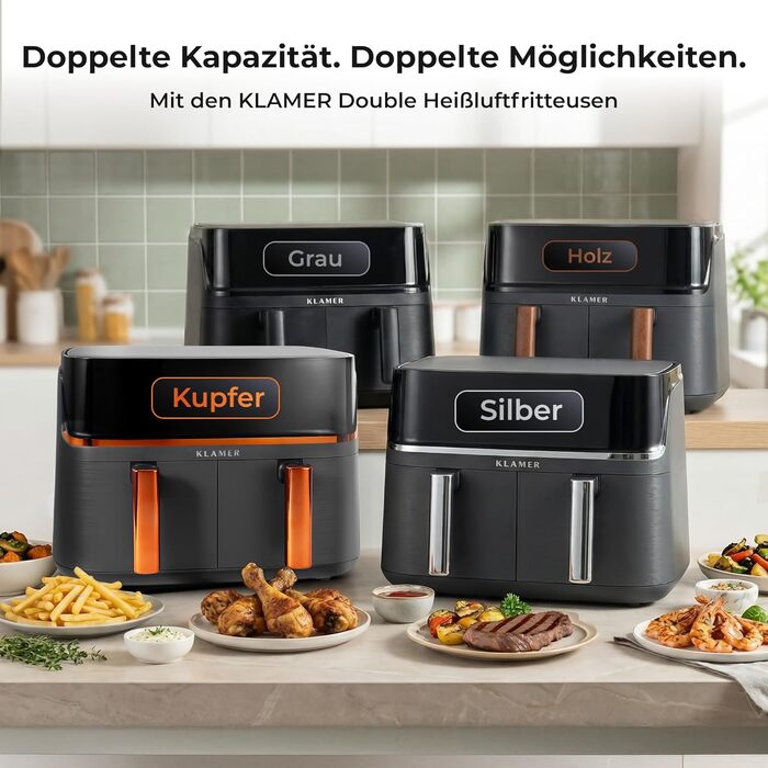 Аерофритюрниця KLAMER Duo 9L з двома незалежними кошиками, функціями Match та Sync, регулюванням температури та таймером, срібляста