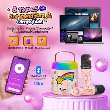 Караоке машина для дітей з 2 мікрофонами, рожева, єдиноріг, 3-12 років