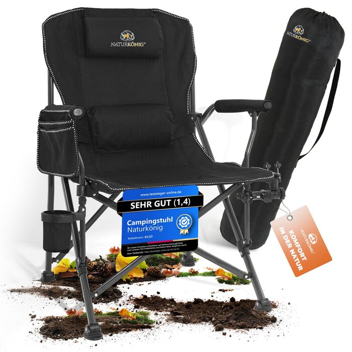 Крісло кемпінгове складане посилене до 160 кг з подушкою, підсклянником та сумкою для зберігання - для риболовлі, пляжу, відпочинку на природі (Чорне)