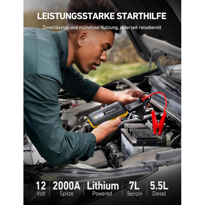 Powerbank Starthilfe AstroAI B8 для автомобілів: Jump Starter 12V, QC 3.0 USB, LED, для бензину/дизеля (7.0L/5.5L)