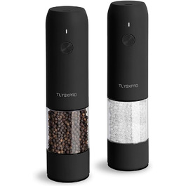 TLYSXPRO Salt and Pepper Grinder Electric 2-Piece Set, USB Rechargeable, Adjustable Coarseness Spice Grinder, Electric Pepper Grinder with LED Light, Cleaning Brush, Kitchen Appliances, Black