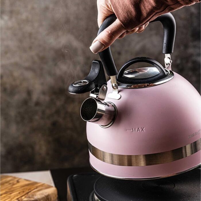 Чайник Kinghoff 1.8L з нержавіючої сталі з свистком, для індукційних плит, рожевий