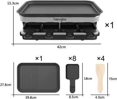 Raclette Grill for 8 People, Grill Plate with Non-Stick Coating, Raclette with 8 Mini Raclette Pans & 4 Wooden Spatulas, Continuously Adjustable Temperature, 1500W, Stainless Steel