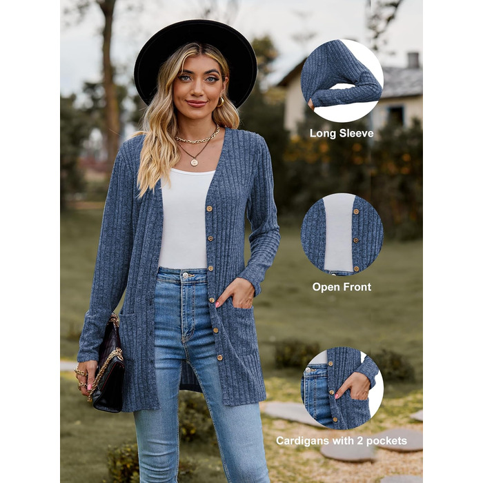 Кардиган жіночий з довгим рукавом, відкритий спереду, на ґудзиках, V-подібний виріз, легкий, з кишенями (XL, темно-синій)