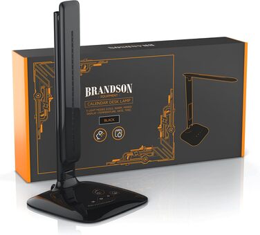 Світлодіодна настільна лампа Brandson з регулюванням яскравості, захистом очей, 3 кольорами світла та цифровим годинником з термометром та календарем, чорна