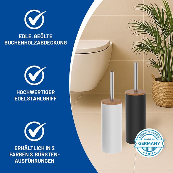 Набір для туалету Rival Life Style чорного кольору з круглою щіткою, ручка з нержавіючої сталі та кришка з масивного бука – ергономічна щітка для туалету для швидкого та ретельного прибирання