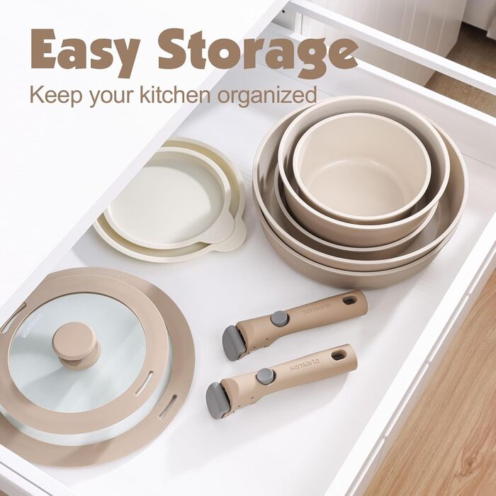 SENSARTE 17-Piece Ceramic Nonstick Cookware Set with Detachable Handle - Induction Compatible, Dishwasher Safe (Beige)