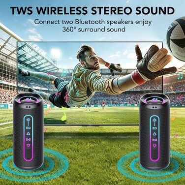 Bluetooth колонка з підсвіткою 25W, Bluetooth 5.4, Dual Bass, 24 год, IPX7 водонепроникна, портативна колонка для вечірок, подорожей, AUX/TF, Чорна