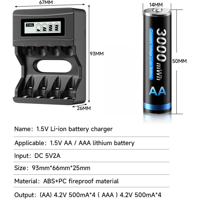CITYORK Акумулятори AA Li-Ion, 4 шт., 1.5V, 3000mWh, з зарядним пристроєм Bay LCD Micro USB, швидка зарядка, захист від перевантаження