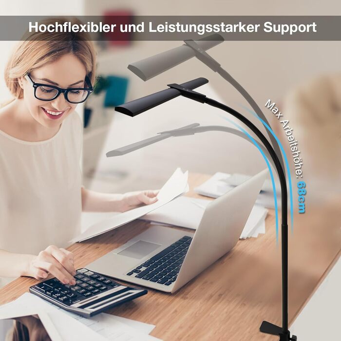 LED лампа настільна для офісу та дому, світло для монітора, 1400 люмен, регульована яскравість, кріплення на кліпсі, світильник для робочого місця, гнусий «лебединий шия», подвійний насадки, 5 режимів кольору та рівнів яскравості, білий колір (чорний, 64 