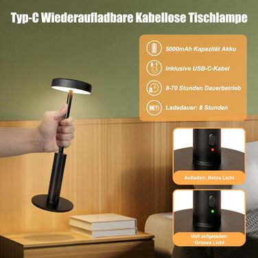 LED-лампа настільна бездротова, акумуляторна, 3 кольори, RGB, регульована яскравість, сенсорне керування, чорна. Підходить для вітальні, спальні, ресторану, вечірки, кав'ярні.