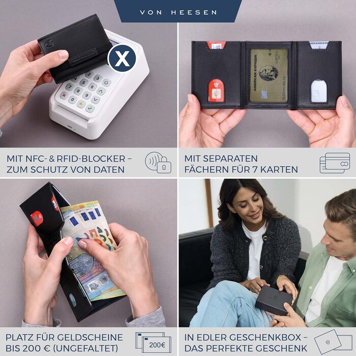 Шкіряний тонкий гаманець VON HEESEN з RFID-захистом, компактний картхолдер для чоловіків та жінок, чорний (гладка шкіра, XL відділення для монет)