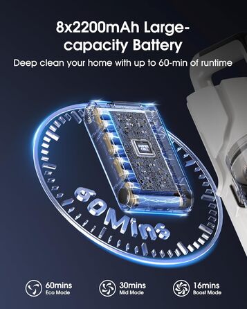 Бездротовий пилосос Klarpul 4800Pa з LED-дисплеєм та антизаплутувальною насадкою, 65 хвилин роботи, швидка зарядка 2 години, для твердих поверхонь та килимів, срібний