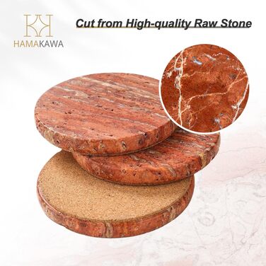 HAMAKAWA Genuine Natural Marble Coasters, Set of 4, Red Stone Coasters Φ10cm, Modern Round Travertine Drink Coasters for Home Decoration, Coffee Table, Office