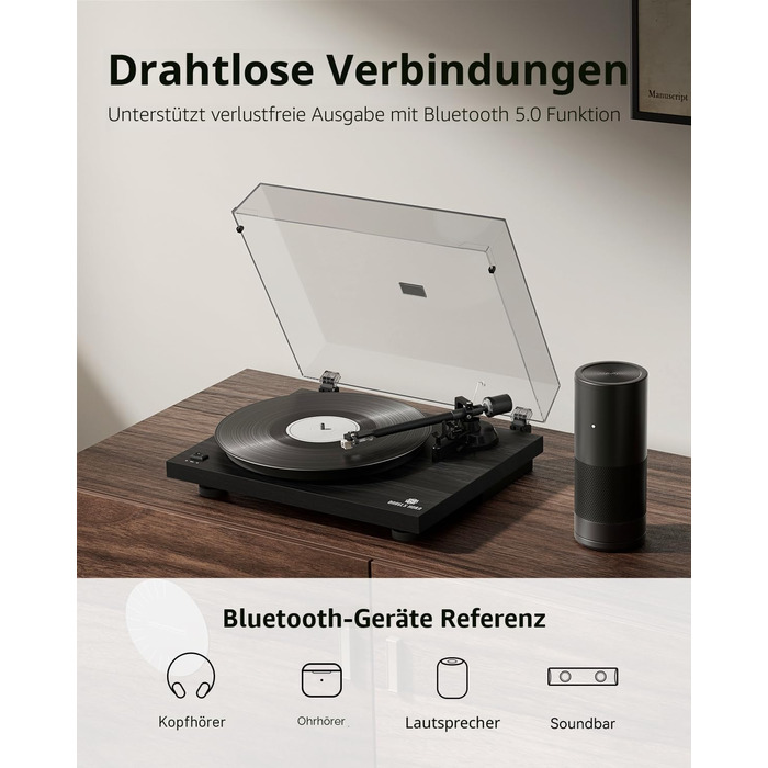 Вініловий програвач Angels Horn з Bluetooth, передпідсилювачем, ремінним приводом та голкою AT-3600L, дерев'яний (чорний)