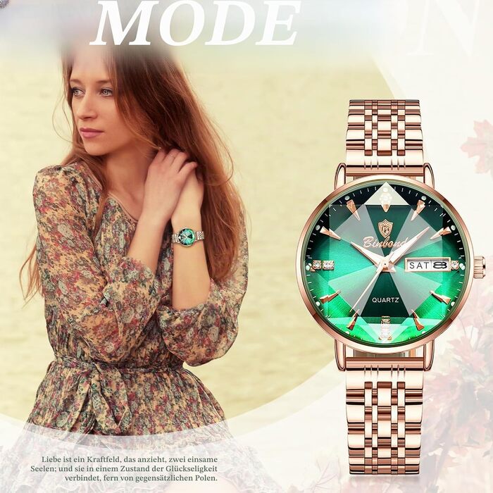 Жіночий наручний годинник JewelryWe Rosegold: кварцовий аналоговий годинник зі сталі, водонепроникний (30м), з календарем, підсвічуванням стрілок та граненим склом, колір Rosegold-Зелений