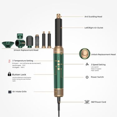 Atopskins Hairstyler: Фен-щітка 7-в-1 для створення зачісок, 110000 RPM, з іонізацією, дифузором, локонами, об'ємом, випрямленням, для волосся, зелений