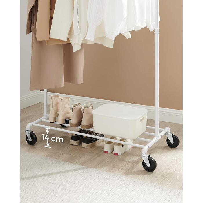 SONGMICS Clothes Rack, Garment Rod, with Wheels, Load Capacity up to 90 kg, Coat Rack with 1 Garment Rod and Shelf, Industrial Design, for Bedroom, Laundry Room, HSR61BK (White)