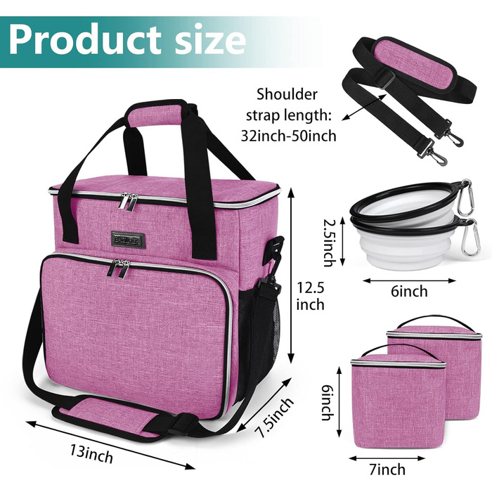 Сумка для собак Baglher, переноска для тварин (усі аксесуари для подорожей з тваринами), з 2 контейнерами для корму та 2 складаними мисками з силікону; незамінний набір для подорожей з домашніми тваринами, блакитний колір (M, Rose)