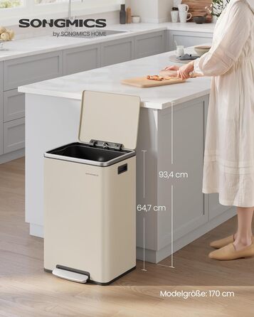 Відро для сміття SONGMICS 50 л, нержавіюча сталь, знімний внутрішній відро, Soft-Close, з кришкою та ручками, кремовий (LTB595E01)