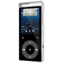 MP3 плеєр 90GB з Bluetooth 5.3 та HiFi звуком, сенсорним керуванням, кольоровим дисплеєм та FM-радіо, металевий корпус, підтримка карт пам'яті до 128GB, чорний/сріблястий