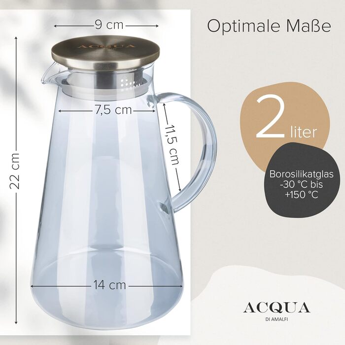 ACQUA DI AMALFI® Glass Carafe | Water Carafe 2 Liter with Stainless Steel/Bamboo Lid | Water Jug with Fruit Infuser | Leak-Proof | Carafe also as a Teapot (BLUE/BAMBOO)