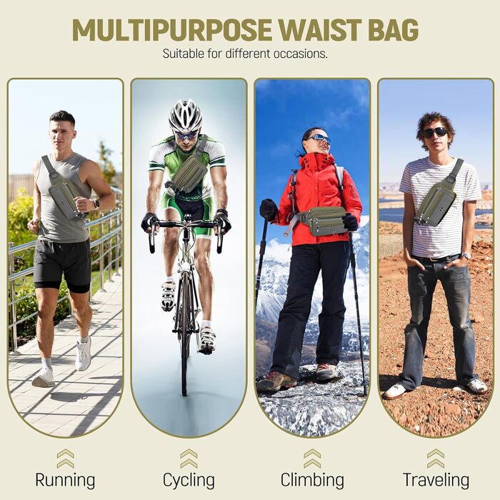 Поясна сумка на пояс для чоловіків та жінок з 7 кишенями на блискавці. Ідеальна для спорту, фітнесу, бігу, велоспорту, подорожей та кемпінгу. Зелений колір.