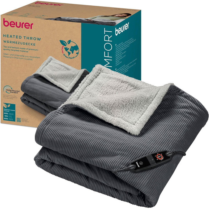Електрична ковдра Beurer HD 75 з перероблених матеріалів, 180x130 см, 6 температурних режимів, автоматичне вимкнення, Cord Dark Grey