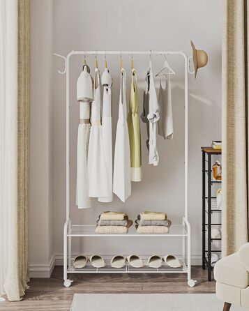 Clothes rack with 2-tier shelf, 3-in-1 design, clothes stand with 4 wheels, coat rack with 4 hooks for bags, GR07499A (White)