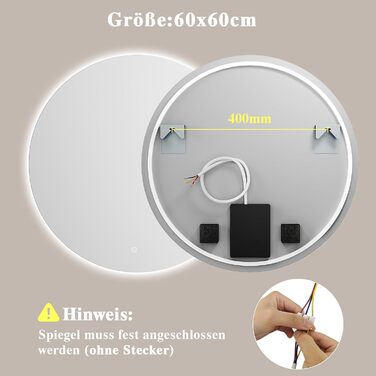 Дзеркало для ванної кімнати з підсвічуванням LED, антизапотівання, сенсорне управління, регулювання яскравості, 3 кольори світла, функція пам'яті, захист від вибуху, кругле дзеркало 50 см (діаметр), 60x60 см (розміри)