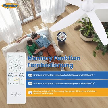 Стеляний вентилятор Newday 153 см, білий з підсвіткою та пультом керування. Безшумний вентилятор-лампа з 5 лопатями, DC мотор, реверсивний, з функцією пам'яті та плавним регулюванням яскравості світла.