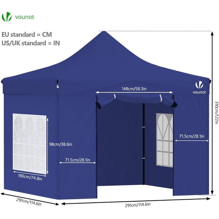 VOUNOT Gazebo 3x3m Waterproof, Stable, Winterproof, Pop-Up Folding Gazebo with 4 Side Walls and 4 Sandbags, Party Gazebo Folding Tent Party Tent, (Blue)