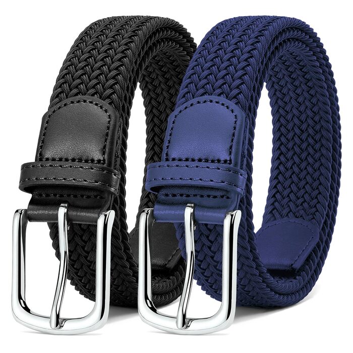 Набір з 2 еластичних тканинних ременів для жінок та чоловіків – регульовані, 3,3 см, довжина 100-120 см (чорний + синій), 100 см
