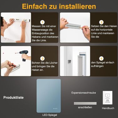Дзеркало для ванної кімнати з підсвічуванням 50 x 70 см, LED дзеркало з протизапарюючим покриттям, 3 кольори світла, регулювання яскравості, прямокутна форма, сенсорне управління, функція пам'яті, горизонтальне/вертикальне кріплення, без рамки