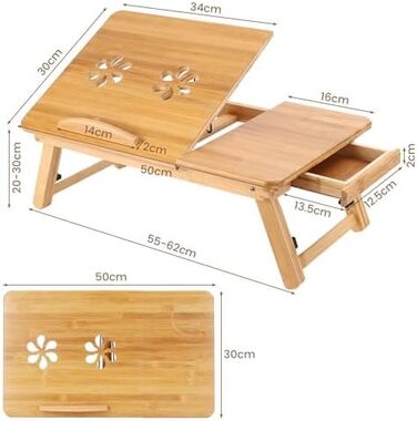 Столик для ноутбука 50x30 см з бамбука з ящиком та вентиляційними отворами | Столик для ліжка, колін