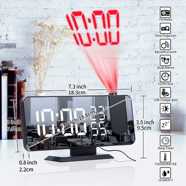 Projection Alarm Clock Digital LED Alarm Clock with Charger, Radio Alarm Clock with USB Charging Port, Dual Alarm Clock, LED Mirror Display, Adjustable Brightness, Temperature and Humidity Display, Black