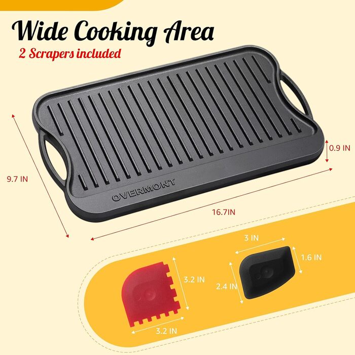 Чавунна двостороння гриль-плита OVERMONT з ручками 43,2×24,9 см для BBQ, духовки, газового та вугільного гриля