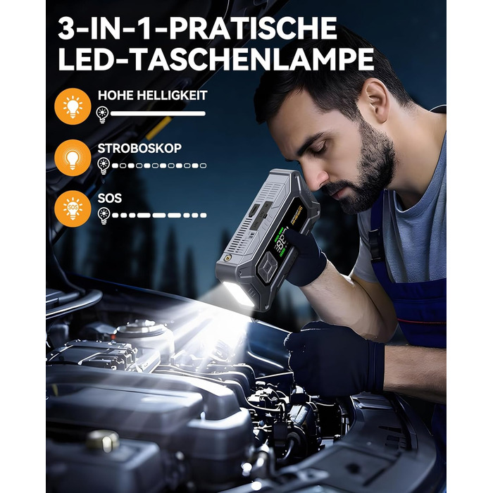 Портативний пусковий пристрій 8000A з повітряним компресором 160 PSI для бензинових та дизельних двигунів (до 10 л), з дисплеєм та аварійною світлодіодною лампою