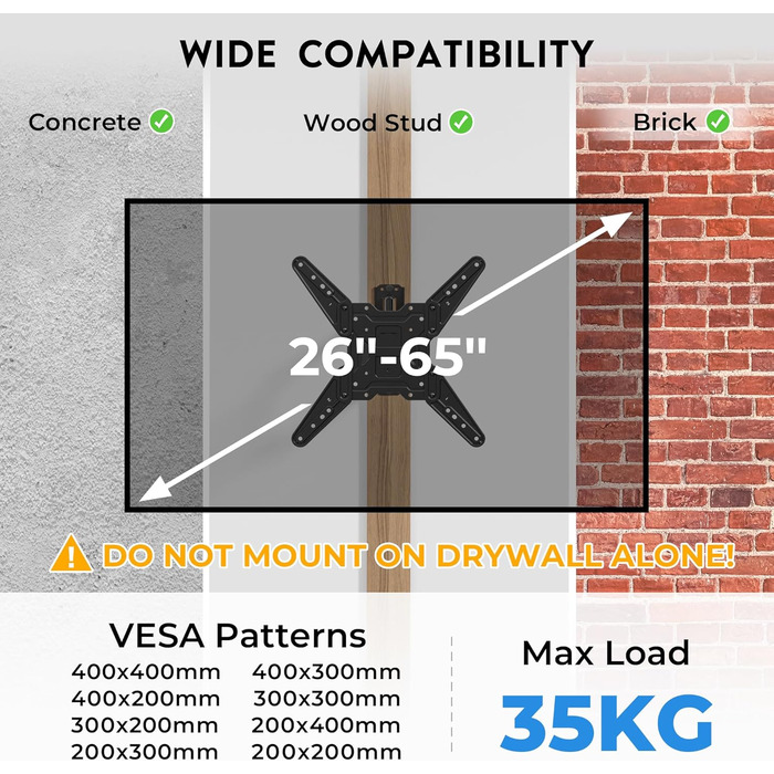 Кронштейн для телевізора BONTEC 950 мм, поворотний, нахильний, для 26-65 дюймів, VESA 400x400, до 35 кг
