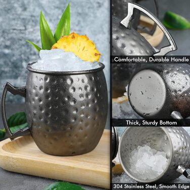 Moscow Mule Mug Set with 4 Black Moscow Mule Cups, 530 ml, Gunmetal Black Plated, Stainless Steel Cups, Double Measuring Cups, Chilled Cold Drinks, Cocktail Cups, Drinkware with Gift Box