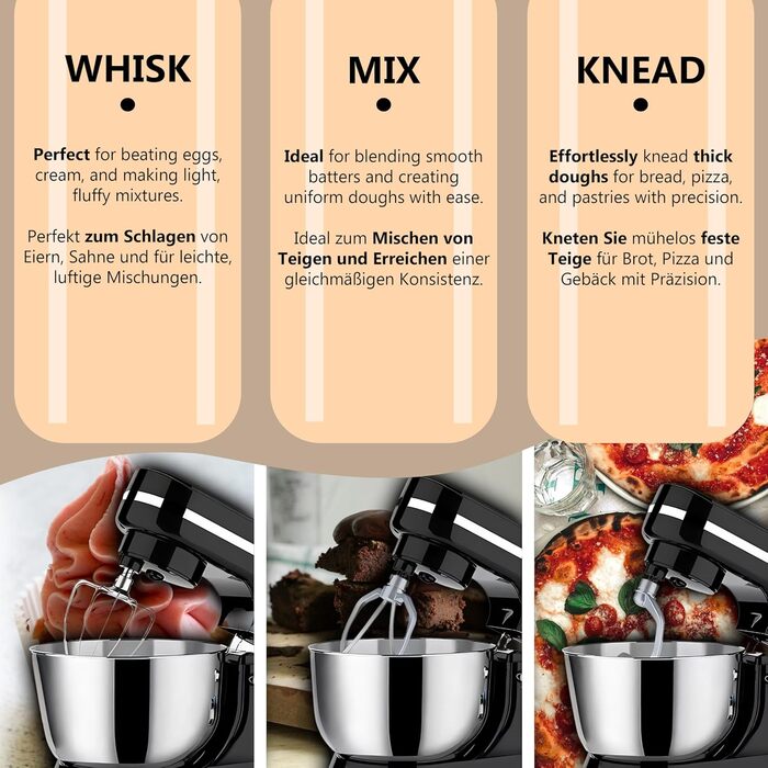 Кухонна машина Retoo 3-в-1 з нержавіючою чашею 6 л, 2000 Вт, 6 швидкостей, планетарний міксер, гак для тіста, вінчик, захист від бризок, кухонний комбайн, планетарна міксер, тістоміс