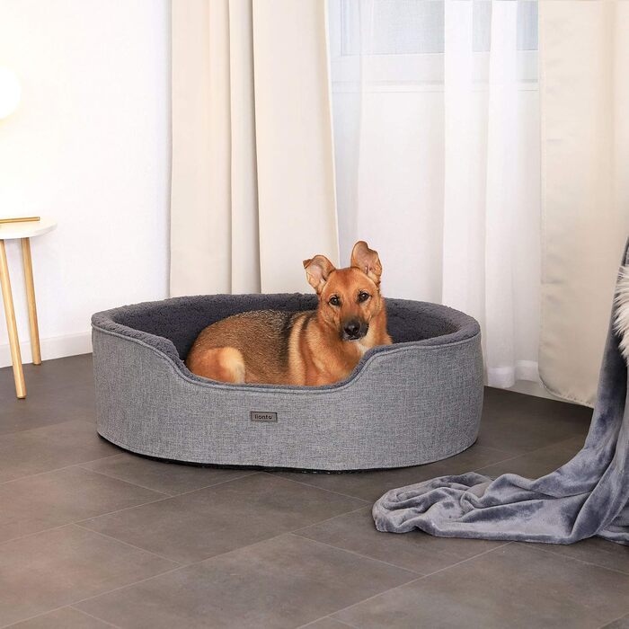 Lionto Dog Bed with Reversible Cushion and Washable Cover, Stable Dog Basket with Anti-Slip Studs, 92x72 cm, Cozy Pet Bed for Dogs and Cats with Plush, Grey