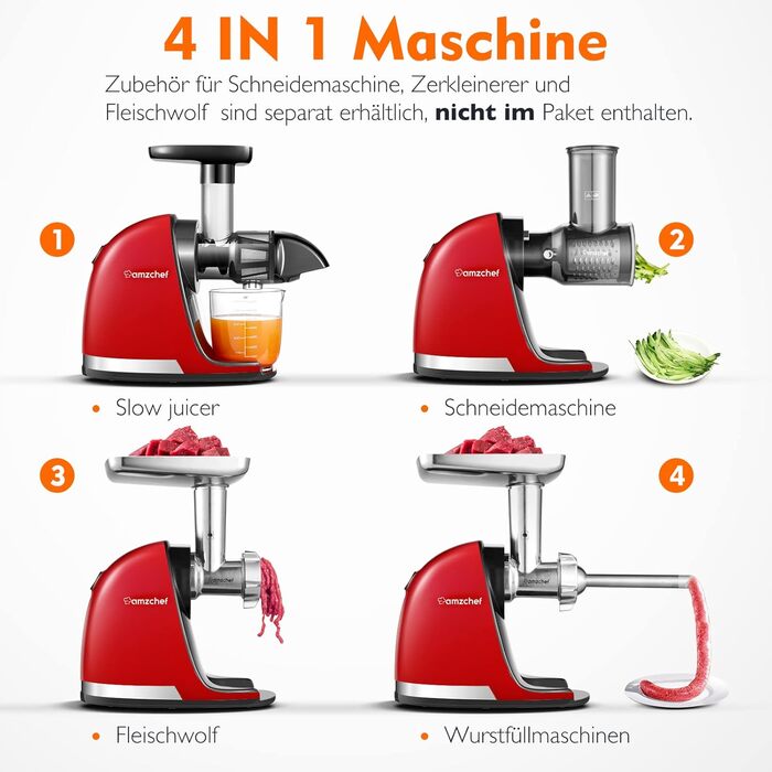 AMZCHEF Juicer for Vegetables and Fruits - Test Winner - Slow Juicer with Reverse-Mastication Function - Gentle Crushing Without Filtering - Electric Juice Press with Brush and 2 Cups - Cherry Red