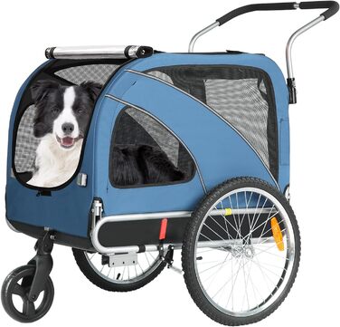 Причіп для собак XL для велосипеда та візка 2-в-1 з гальмом та світловідбивачами, міцний матеріал 600D Oxford, вантажопідйомність до 40 кг (Блакитний)