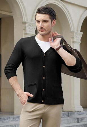 Чоловічий светр з V-подібним вирізом KUYIGO, чорний, з довгими рукавами та кишенями, розмір M-3XL