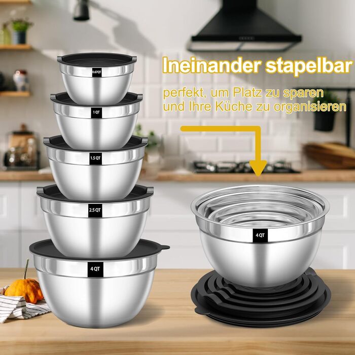 Terlulu Mixing Bowl Set of 5, Stainless Steel Bowl Salad Bowl Set with Airtight Lid, 3 Grater Attachments, 4.5L, 2.7L, 1.6L, 1.1L, 0.7L, Nesting & Dishwasher Safe