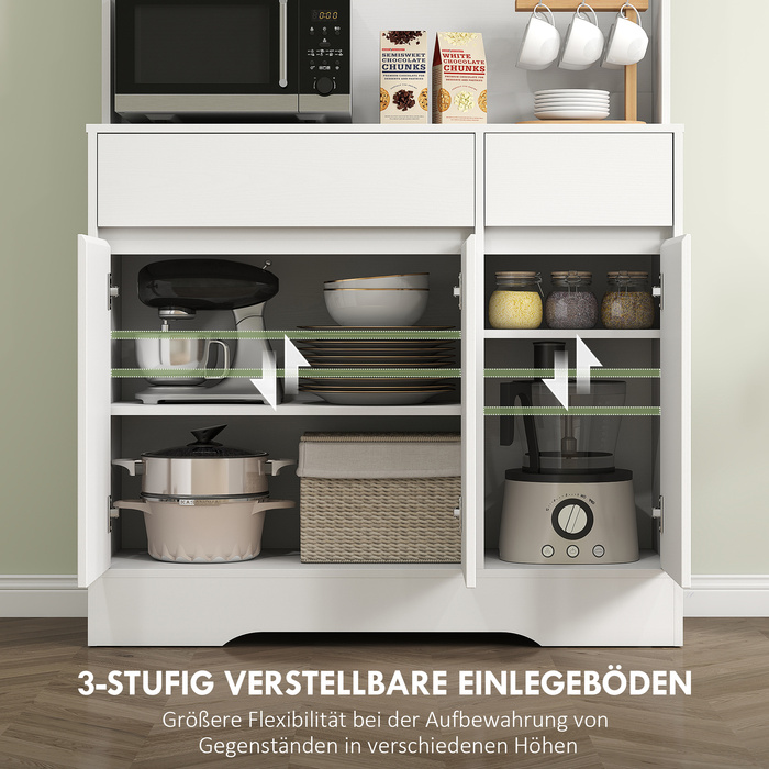 HOMCOM Kitchen Cabinet Buffet with Countertop, 6 Doors, Tall Cabinet with Adjustable Shelves, Cable Holes, Microwave Cabinet Modern Storage Cabinet, White, 100 x 38 x 180 cm | Aosom