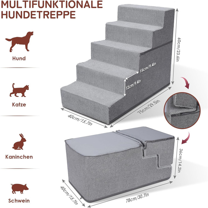 Dog stairs for small dogs, dog stairs, non-slip dog stairs with 5 steps, dog ramp bed washable, pet stairs made of high-density sponge, for injured & older dogs, cats
